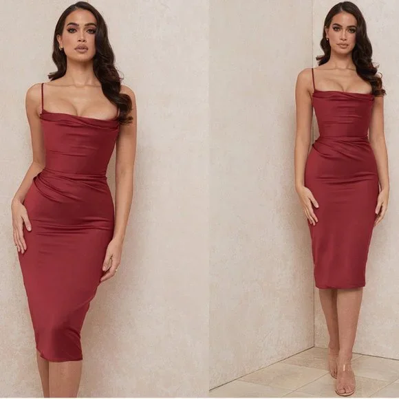 HOUSE OF CB 'Anja' Wine Satin Corset Midi Dress NWOT